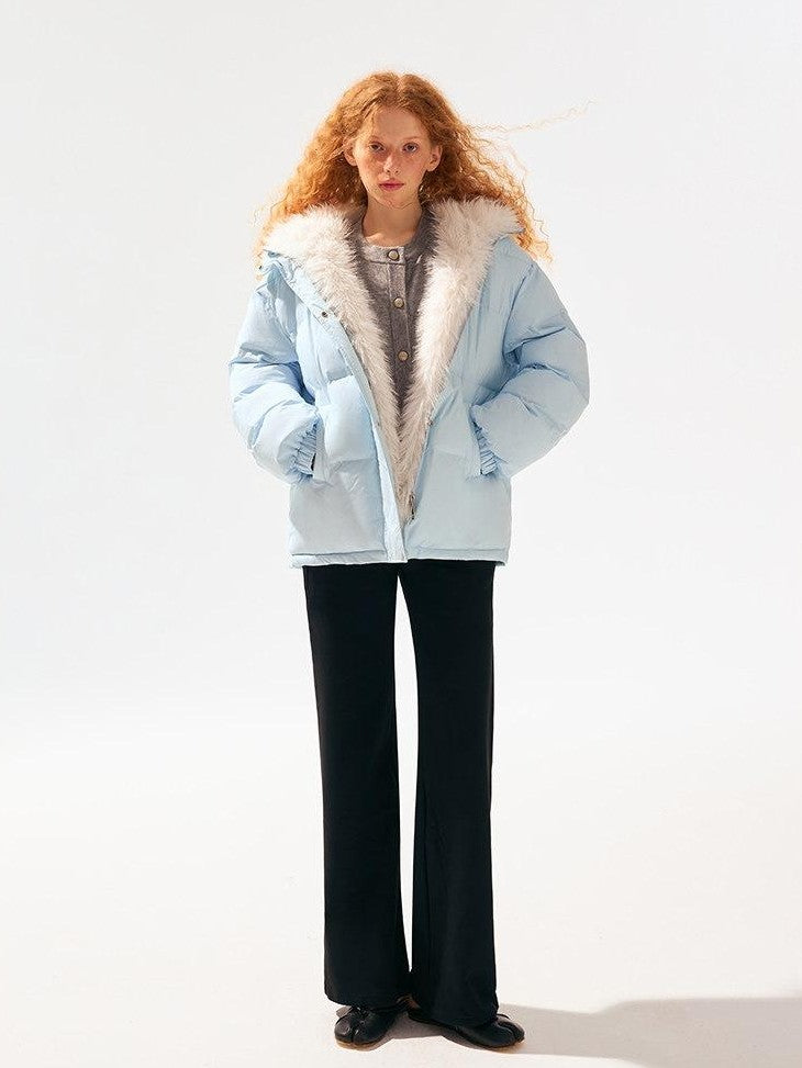 SereneEase Light Blue Detachable Hood Fur Collar Lettering Women's White Duck Down Jackets