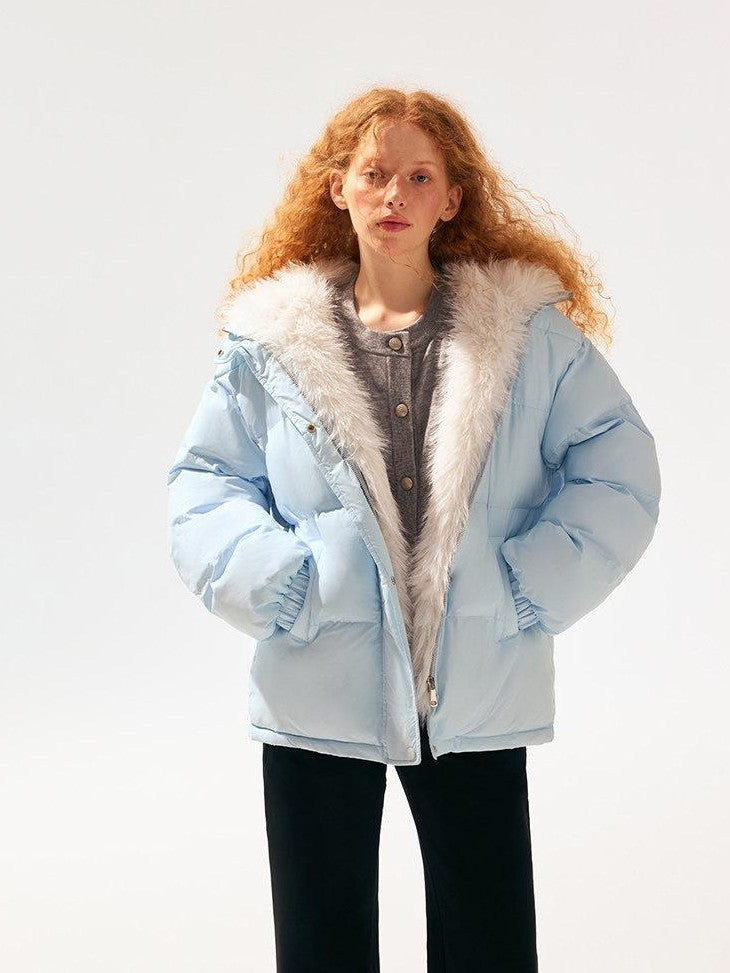 SereneEase Light Blue Detachable Hood Fur Collar Lettering Women's White Duck Down Jackets