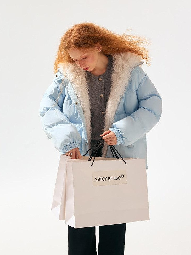 SereneEase Light Blue Detachable Hood Fur Collar Lettering Women's White Duck Down Jackets