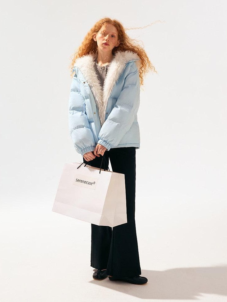 SereneEase Light Blue Detachable Hood Fur Collar Lettering Women's White Duck Down Jackets
