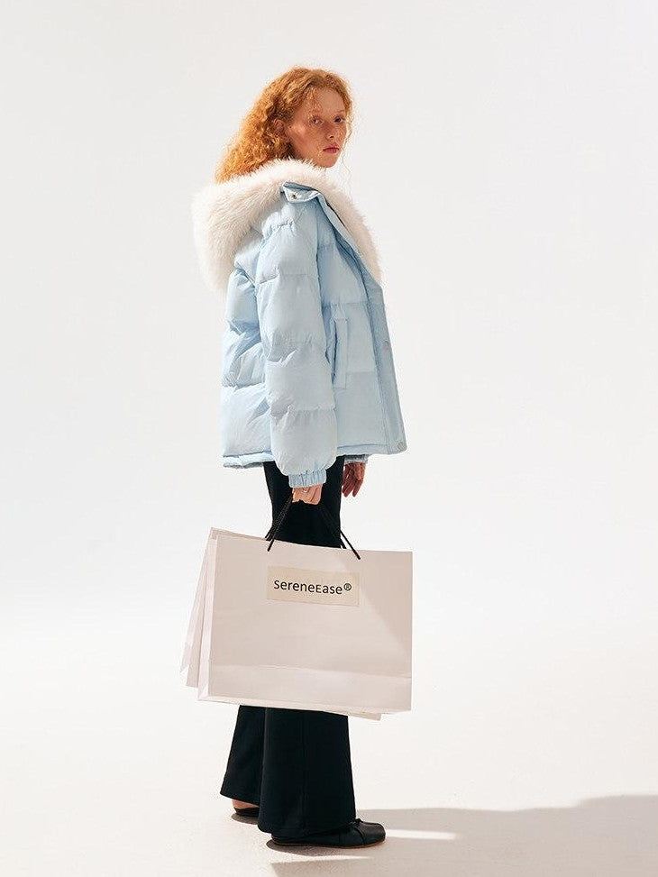 SereneEase Light Blue Detachable Hood Fur Collar Lettering Women's White Duck Down Jackets