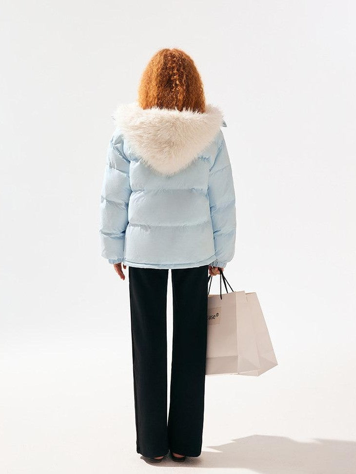 SereneEase Light Blue Detachable Hood Fur Collar Lettering Women's White Duck Down Jackets