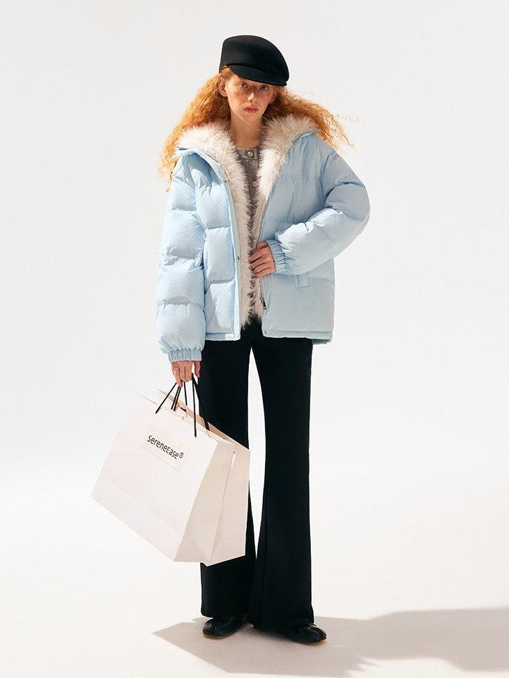 SereneEase Light Blue Detachable Hood Fur Collar Lettering Women's White Duck Down Jackets