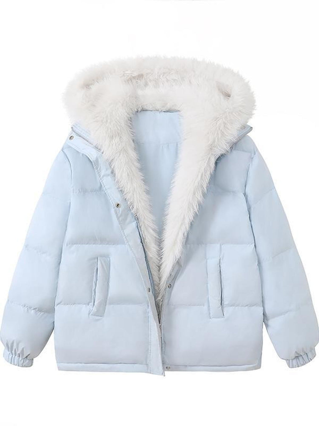 SereneEase Light Blue Detachable Hood Fur Collar Lettering Women's White Duck Down Jackets