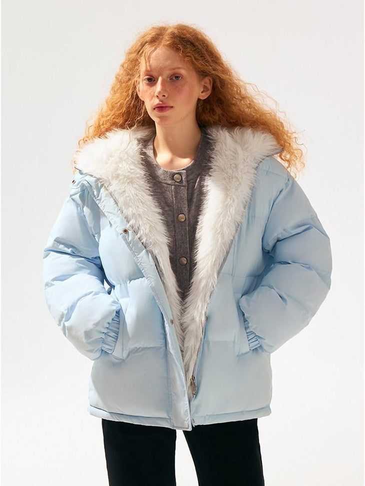 SereneEase Light Blue Detachable Hood Fur Collar Lettering Women's White Duck Down Jackets