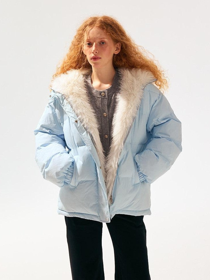 SereneEase Light Blue Detachable Hood Fur Collar Lettering Women's White Duck Down Jackets