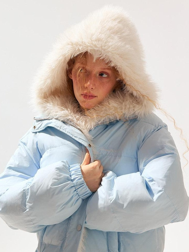SereneEase Light Blue Detachable Hood Fur Collar Lettering Women's White Duck Down Jackets