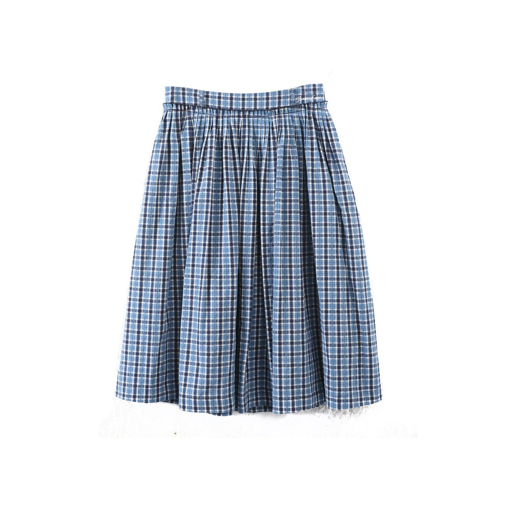 SereneEase_Navy_Plaid_Embroidered_Pleated_High_Waisted_Women's_Cotton_A-line_Skirts_894227137325_MISSTT