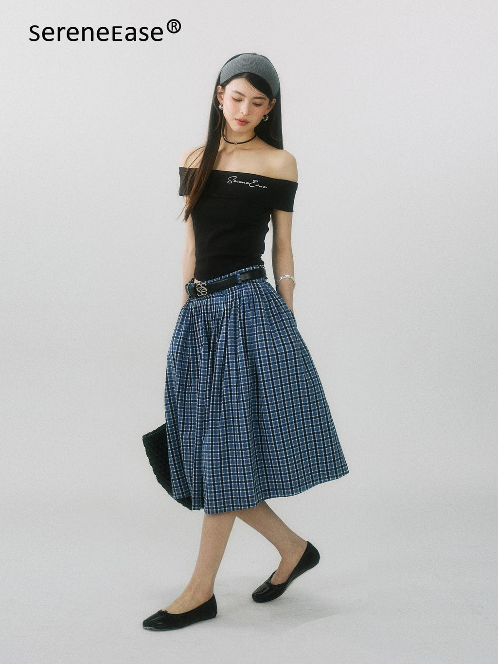 SereneEase Navy Plaid Embroidered Pleated High Waisted Women's Cotton A-line Skirts