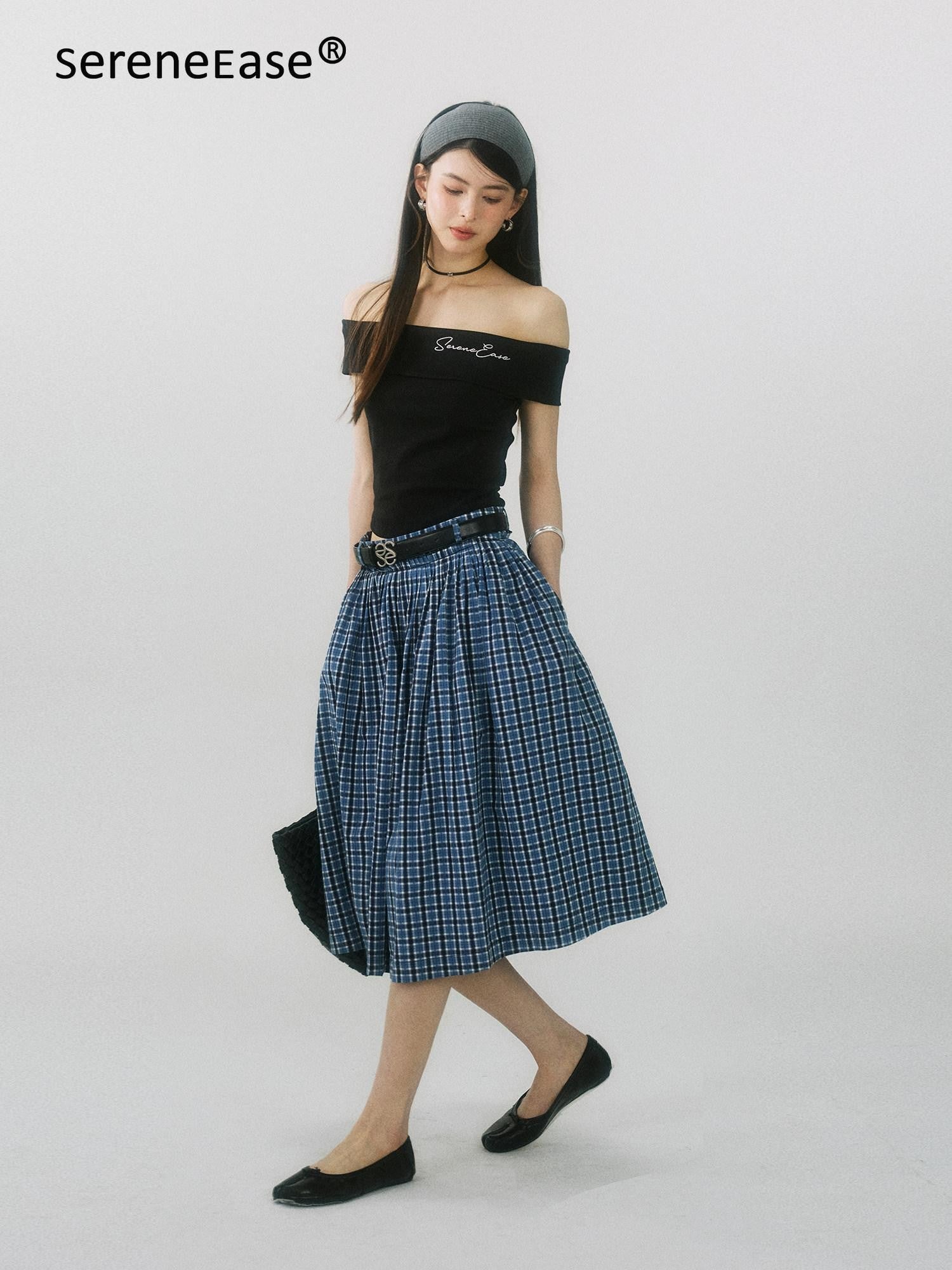 SereneEase Navy Plaid Embroidered Pleated High Waisted Women's Cotton A-line Skirts