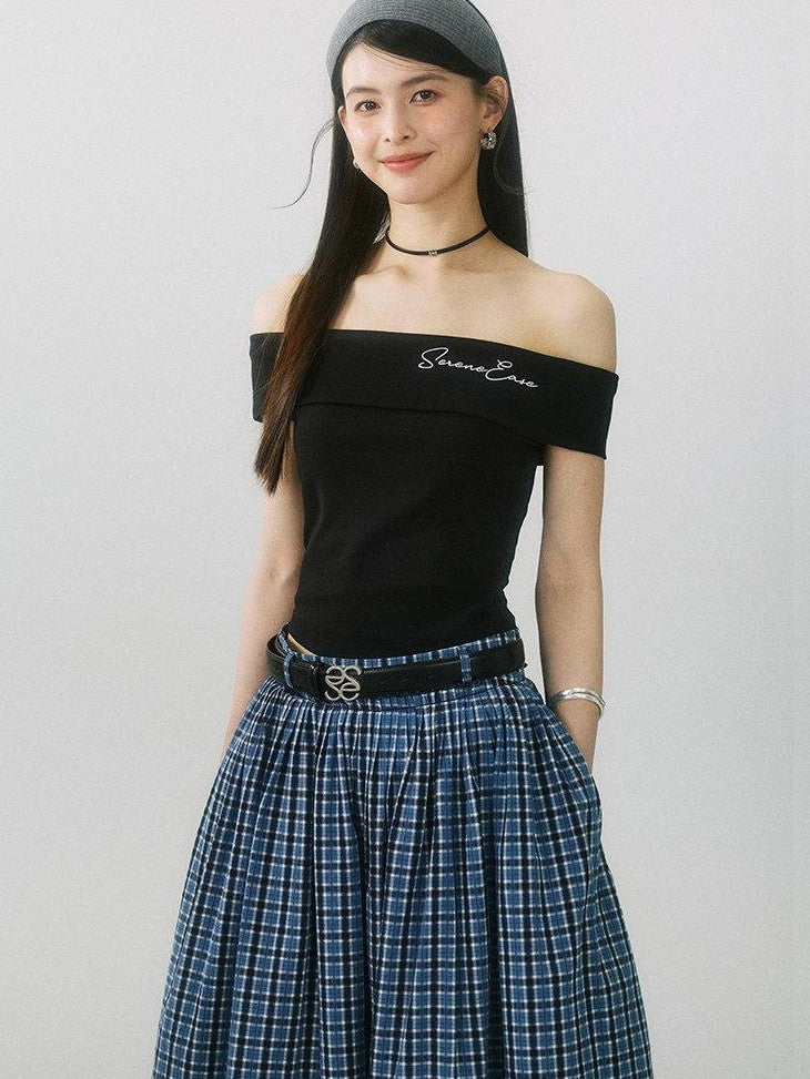 SereneEase Navy Plaid Embroidered Pleated High Waisted Women's Cotton A-line Skirts
