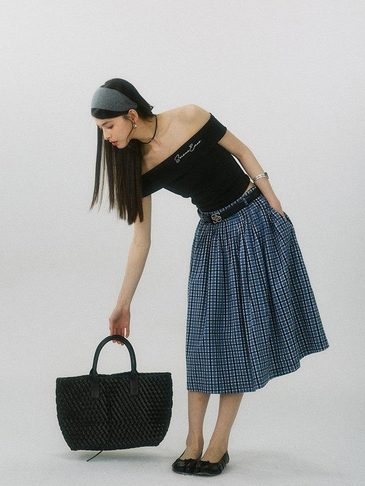 SereneEase Navy Plaid Embroidered Pleated High Waisted Women's Cotton A-line Skirts