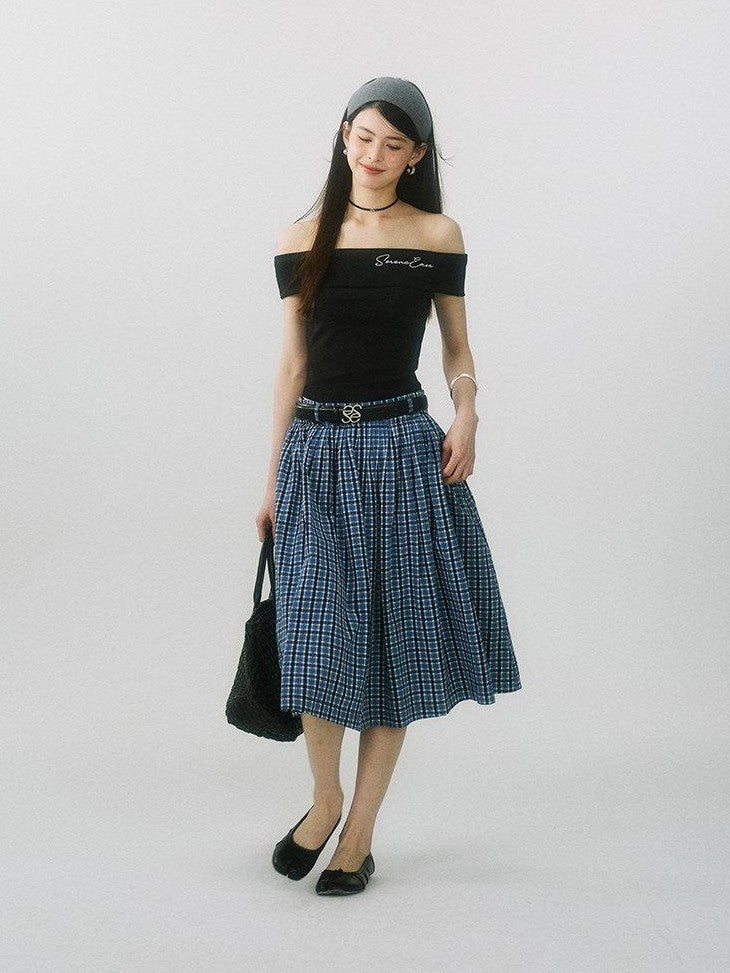 SereneEase Navy Plaid Embroidered Pleated High Waisted Women's Cotton A-line Skirts