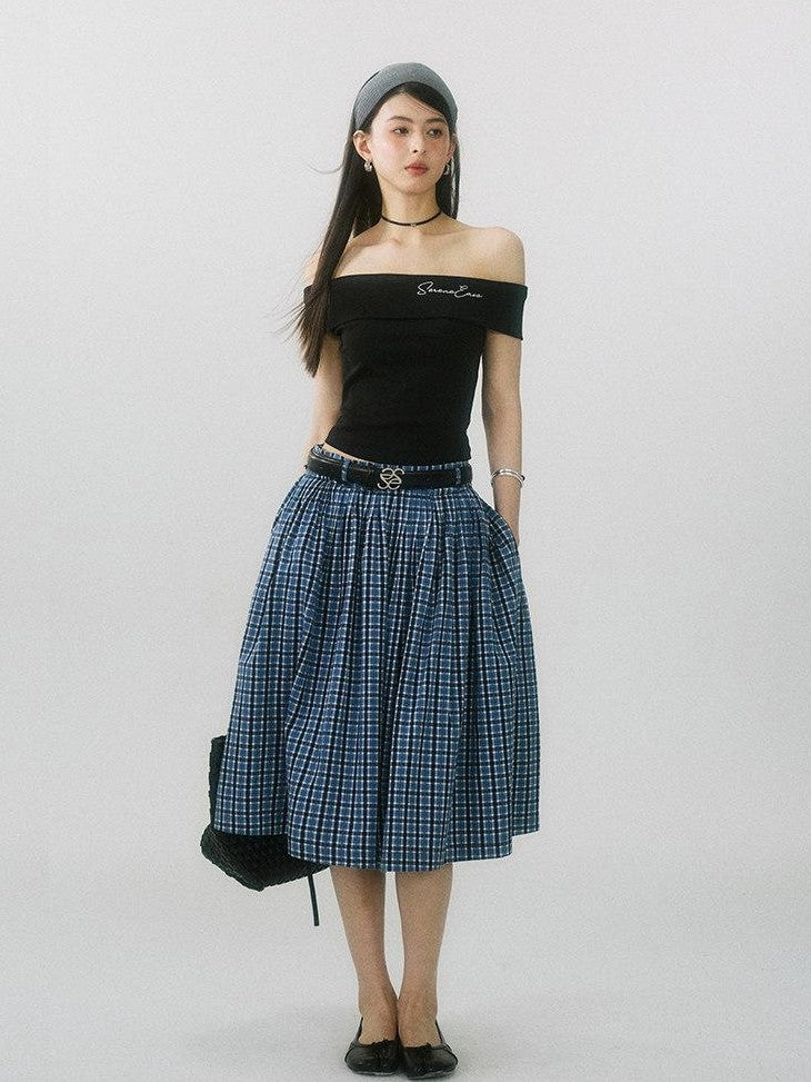 SereneEase Navy Plaid Embroidered Pleated High Waisted Women's Cotton A-line Skirts