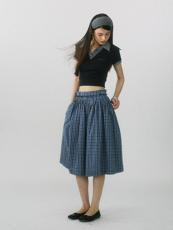 SereneEase Navy Plaid Embroidered Pleated High Waisted Women's Cotton A-line Skirts