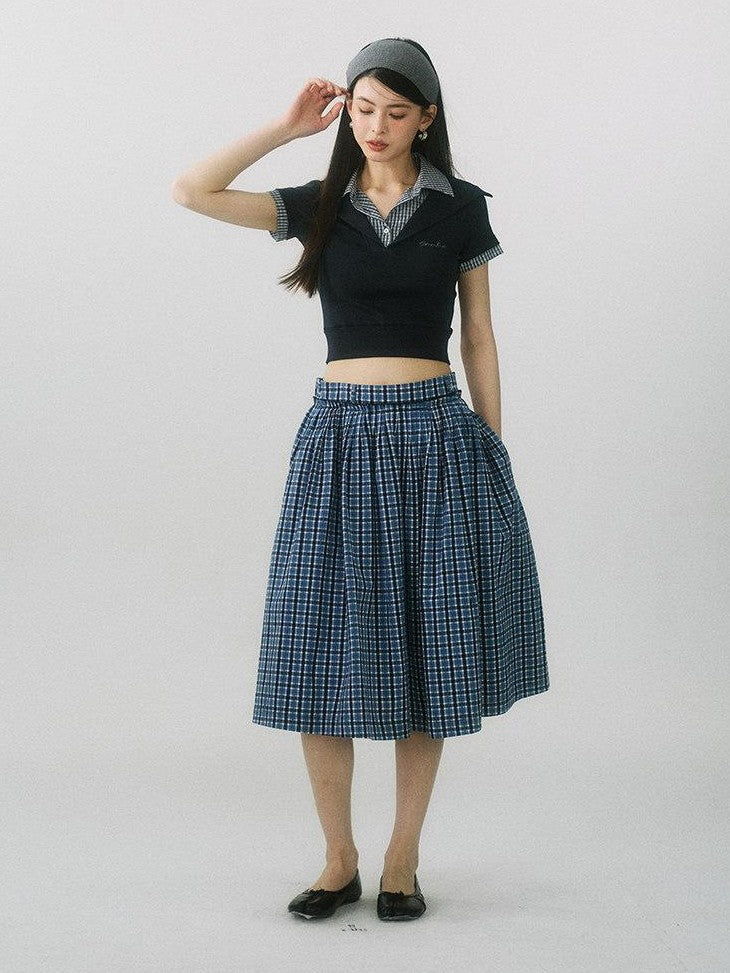 SereneEase Navy Plaid Embroidered Pleated High Waisted Women's Cotton A-line Skirts