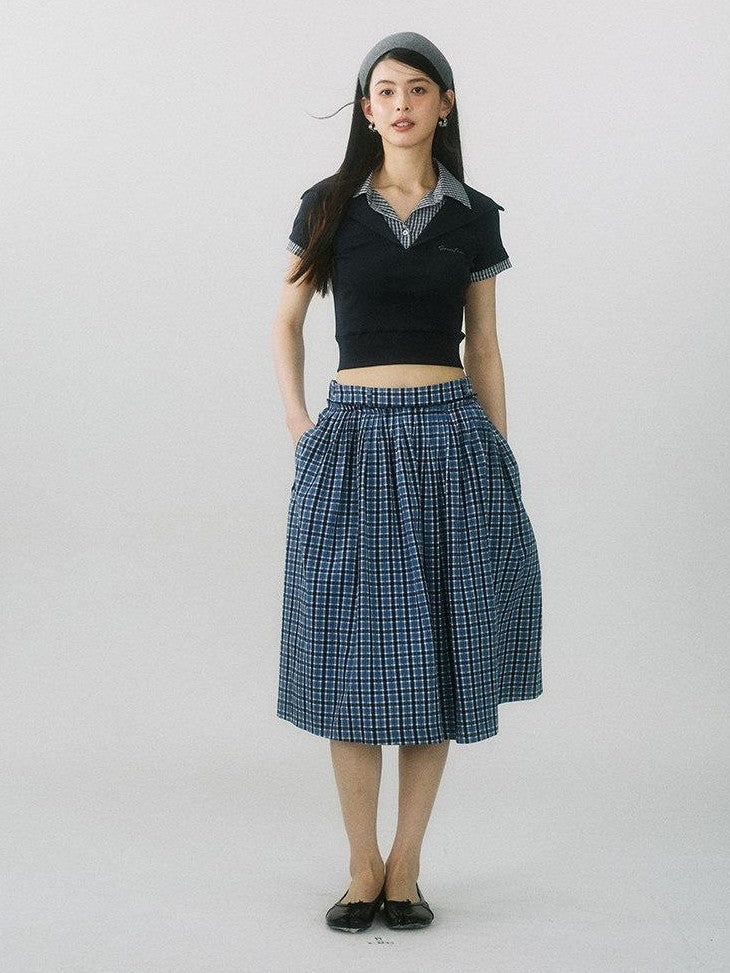 SereneEase Navy Plaid Embroidered Pleated High Waisted Women's Cotton A-line Skirts