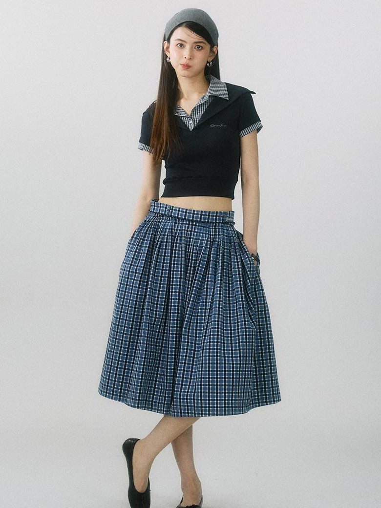 SereneEase Navy Plaid Embroidered Pleated High Waisted Women's Cotton A-line Skirts
