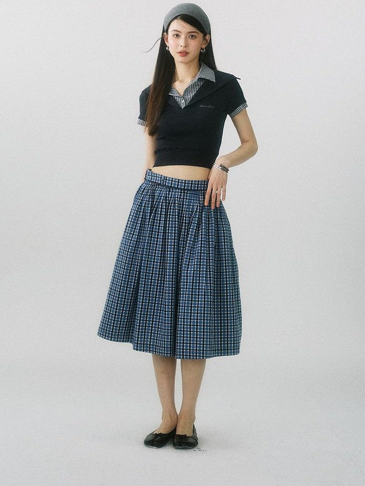 SereneEase Navy Plaid Embroidered Pleated High Waisted Women's Cotton A-line Skirts