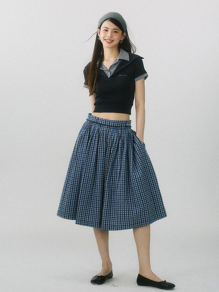 SereneEase Navy Plaid Embroidered Pleated High Waisted Women's Cotton A-line Skirts