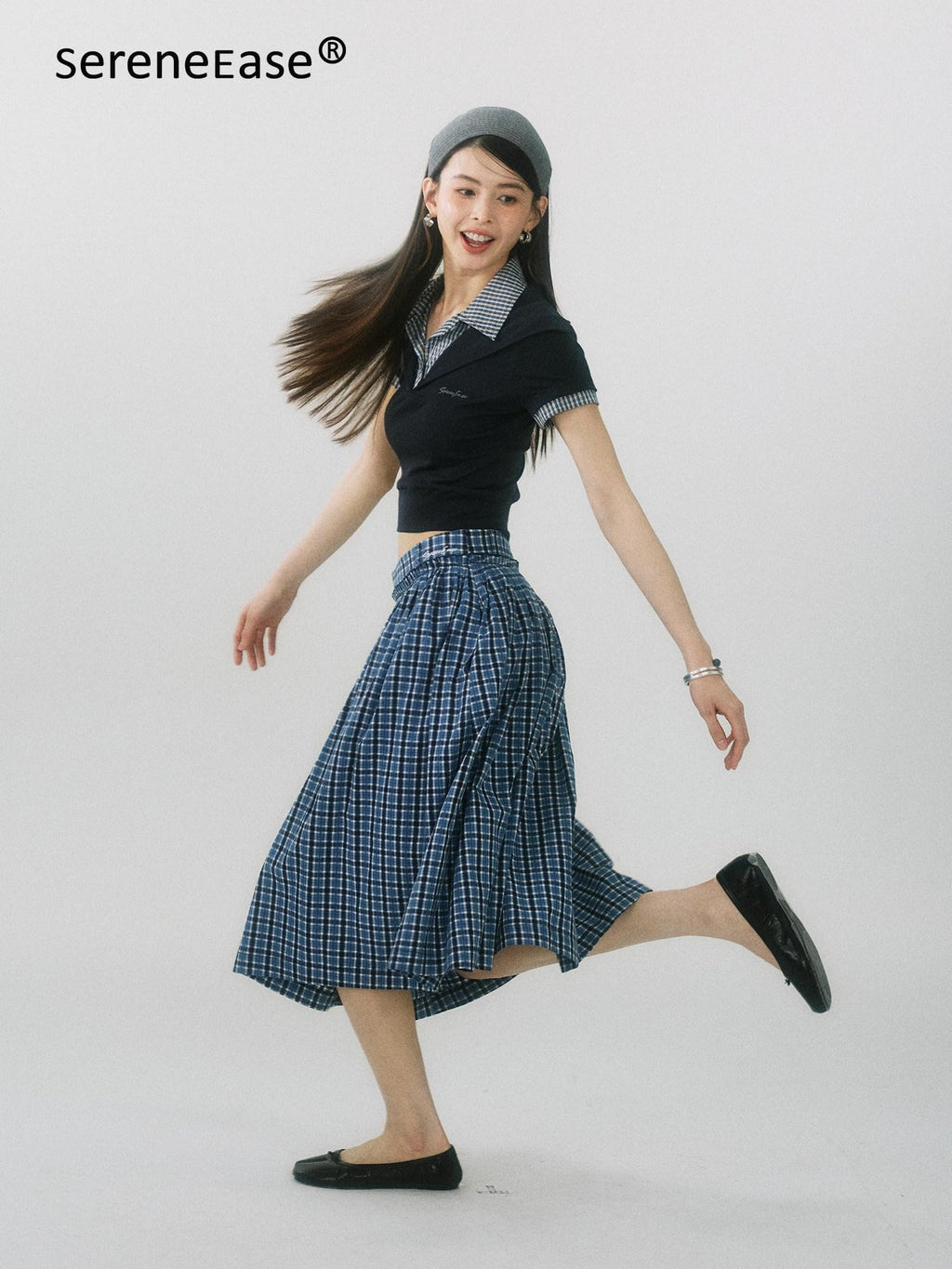 SereneEase Navy Plaid Embroidered Pleated High Waisted Women's Cotton A-line Skirts