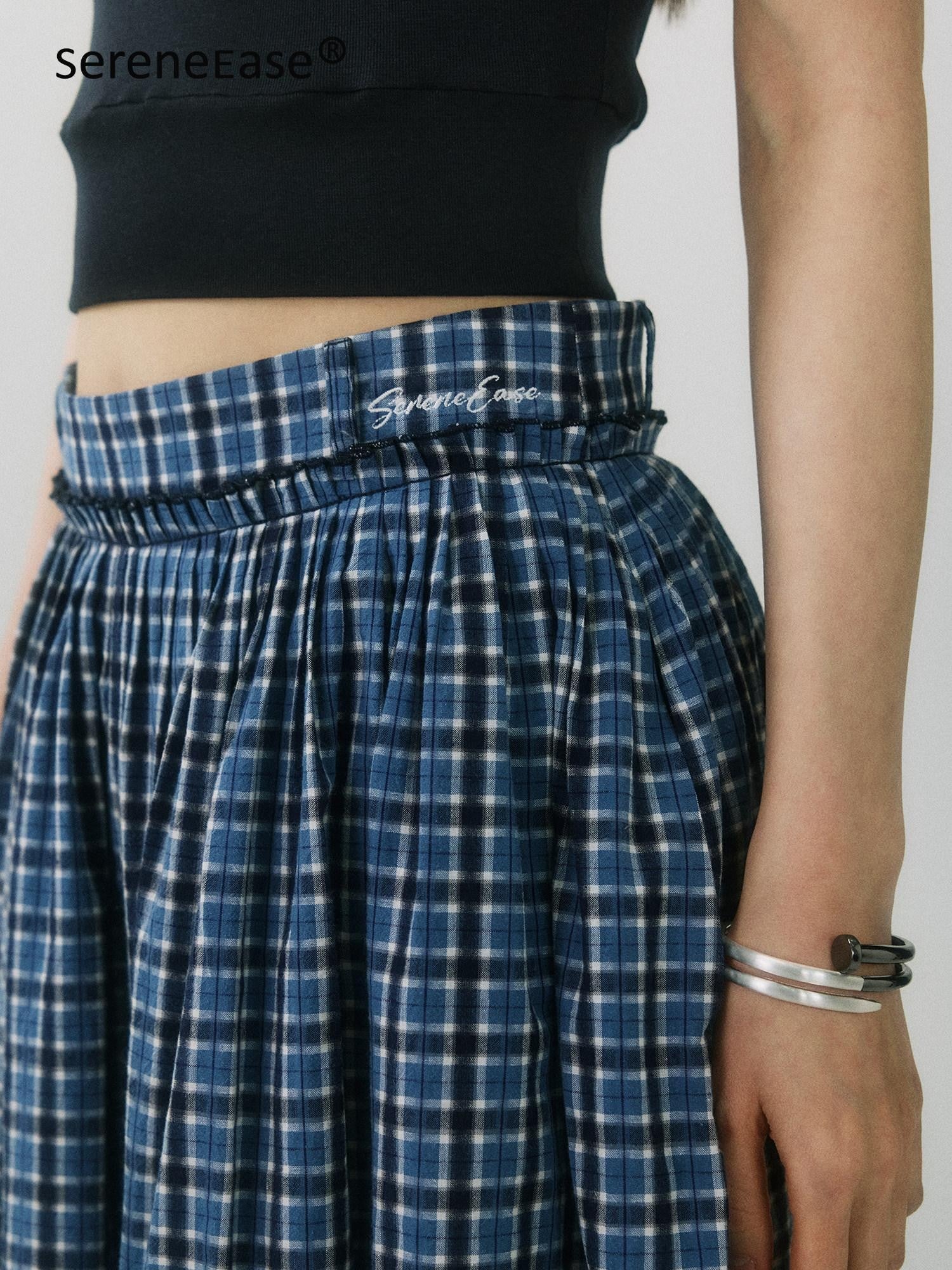 SereneEase Navy Plaid Embroidered Pleated High Waisted Women's Cotton A-line Skirts