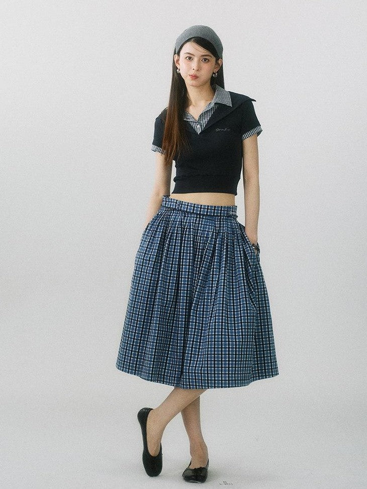 SereneEase Navy Plaid Embroidered Pleated High Waisted Women's Cotton A-line Skirts