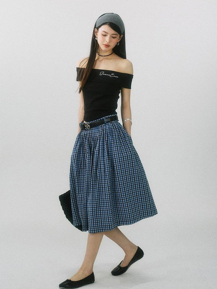 SereneEase Navy Plaid Embroidered Pleated High Waisted Women's Cotton A-line Skirts