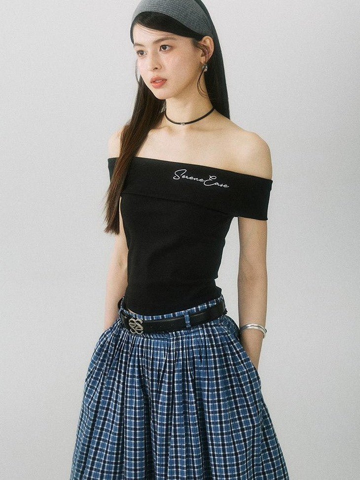 SereneEase Navy Plaid Embroidered Pleated High Waisted Women's Cotton A-line Skirts