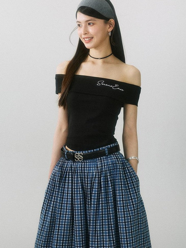 SereneEase Navy Plaid Embroidered Pleated High Waisted Women's Cotton A-line Skirts