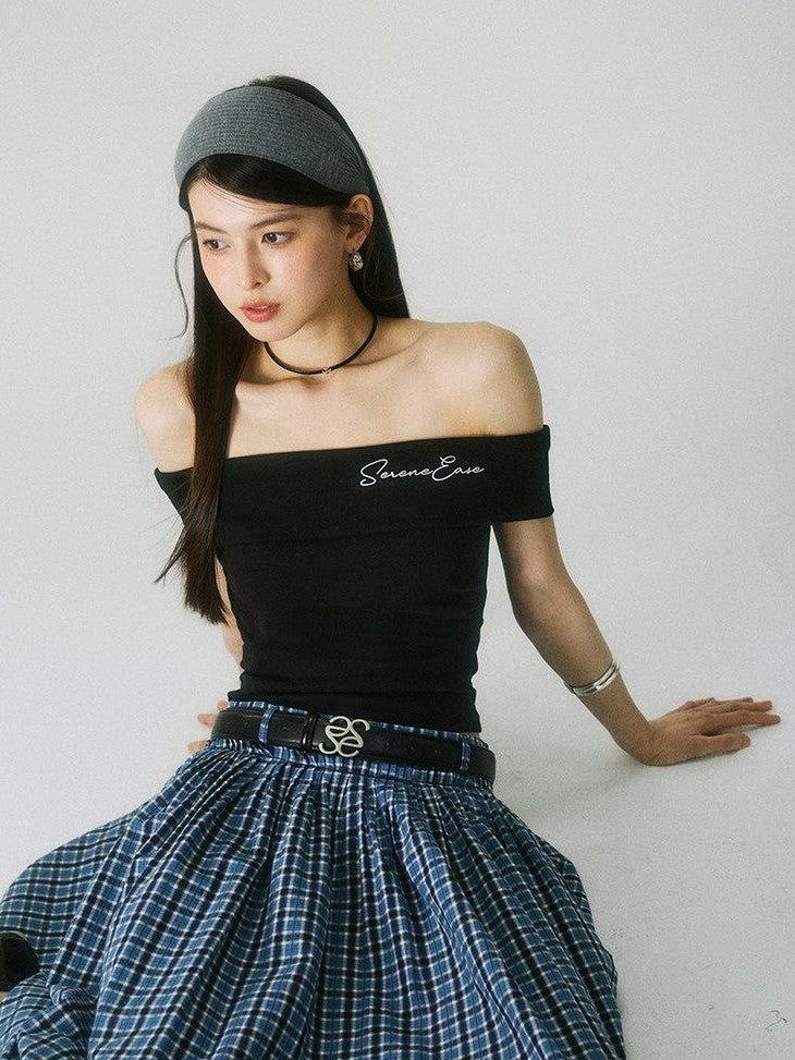 SereneEase Navy Plaid Embroidered Pleated High Waisted Women's Cotton A-line Skirts