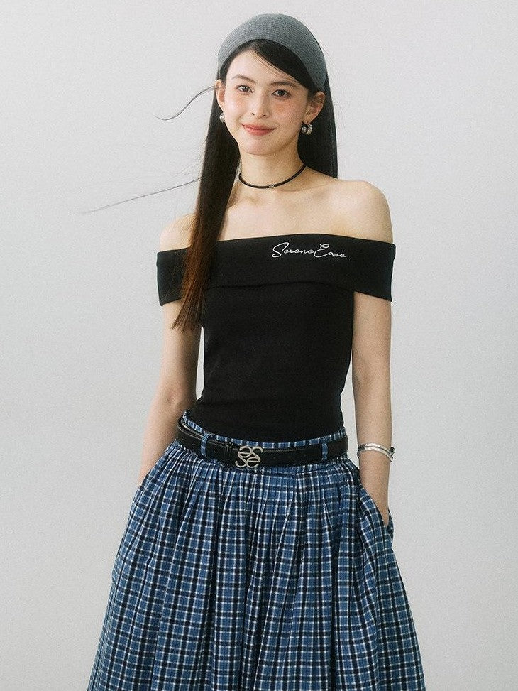 SereneEase Navy Plaid Embroidered Pleated High Waisted Women's Cotton A-line Skirts