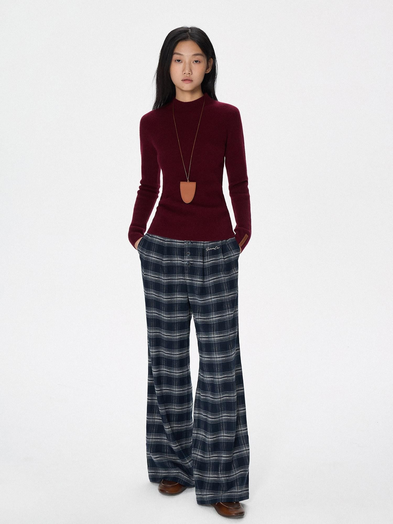 SereneEase Plaid Brushed Textured Straight Cut Women's Polyester Wide-leg Pants