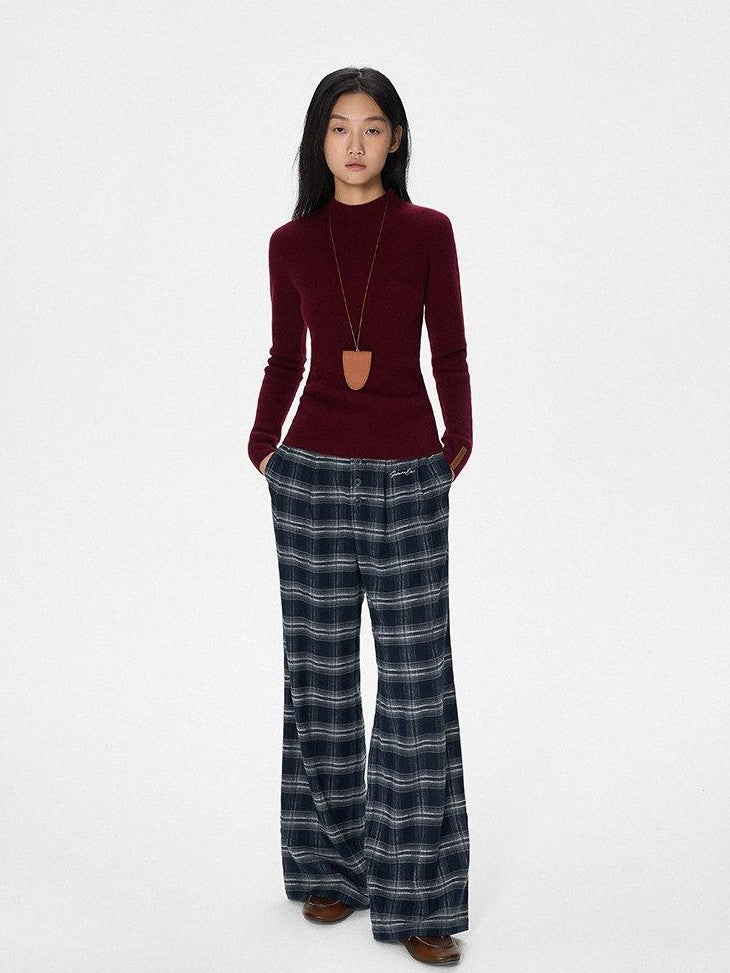 SereneEase Plaid Brushed Textured Straight Cut Women's Polyester Wide-leg Pants