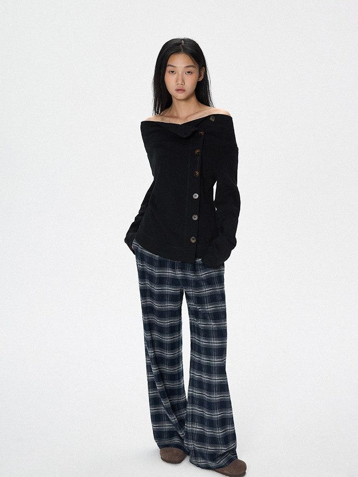 SereneEase Plaid Brushed Textured Straight Cut Women's Polyester Wide-leg Pants