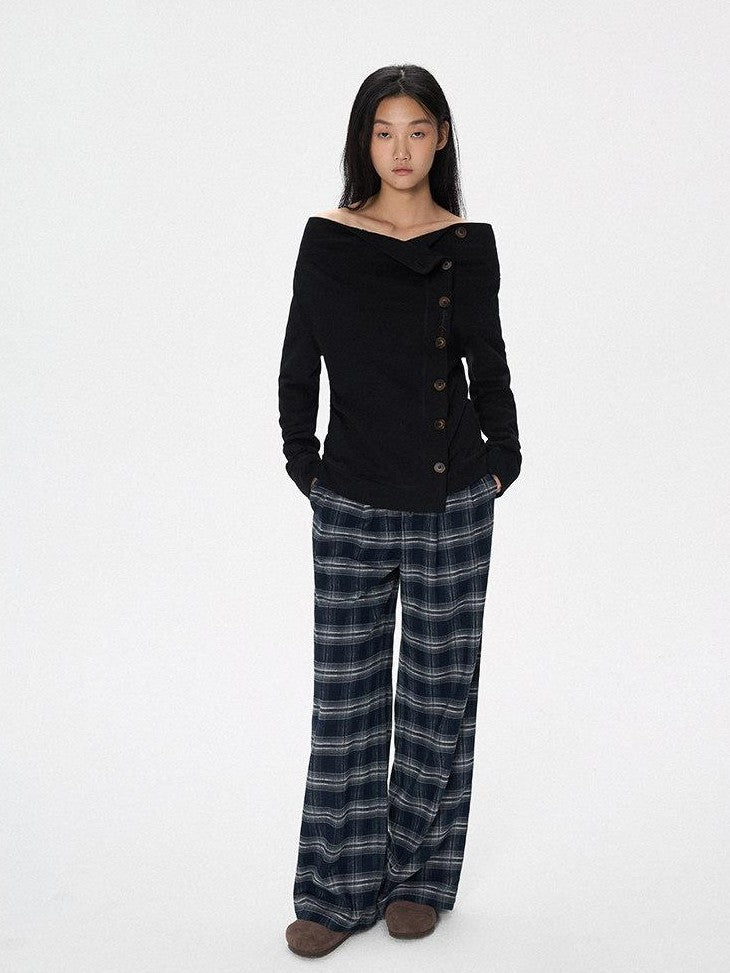SereneEase Plaid Brushed Textured Straight Cut Women's Polyester Wide-leg Pants