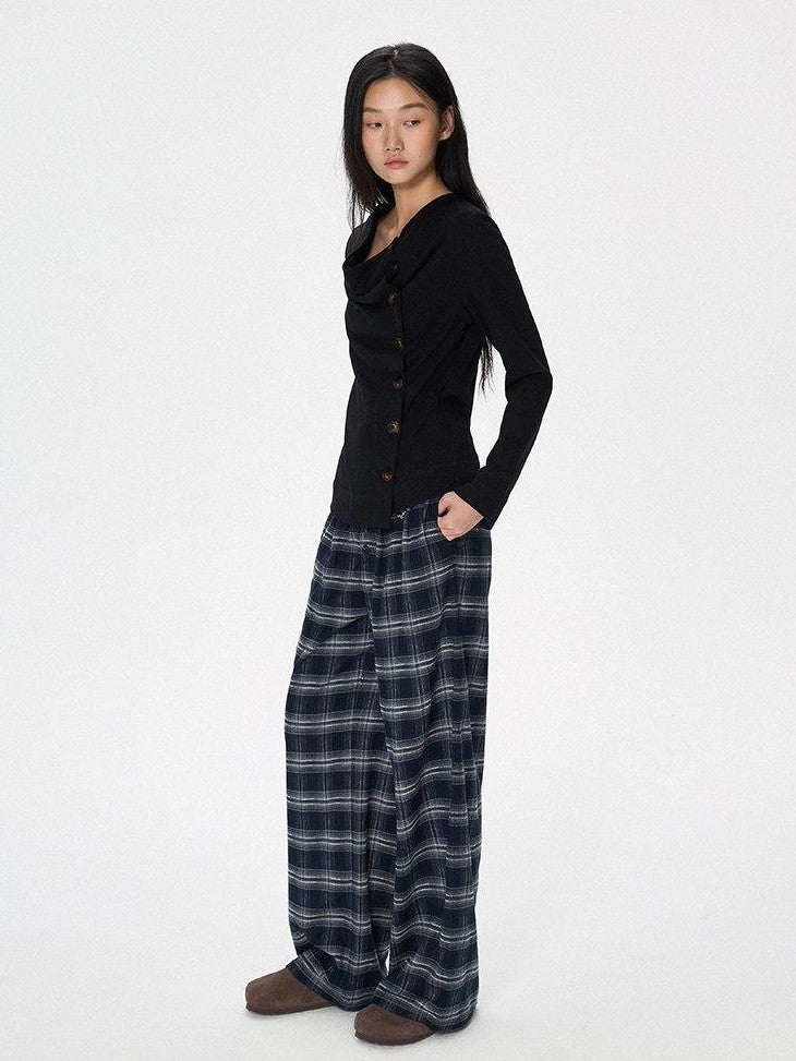 SereneEase Plaid Brushed Textured Straight Cut Women's Polyester Wide-leg Pants