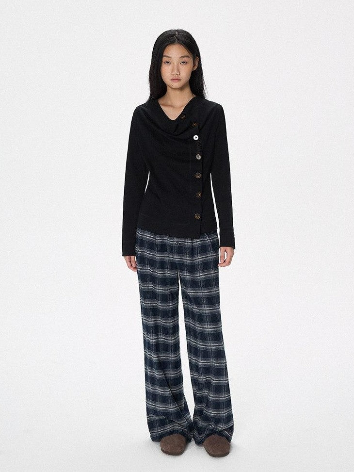 SereneEase Plaid Brushed Textured Straight Cut Women's Polyester Wide-leg Pants