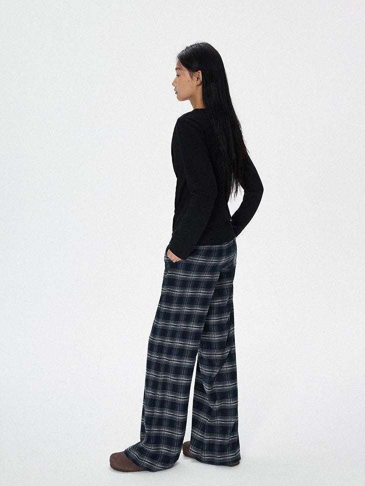 SereneEase Plaid Brushed Textured Straight Cut Women's Polyester Wide-leg Pants