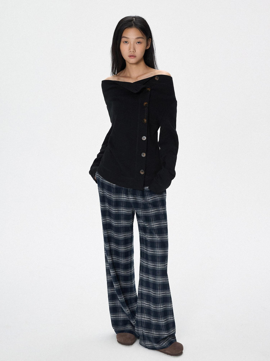 SereneEase Plaid Brushed Textured Straight Cut Women's Polyester Wide-leg Pants