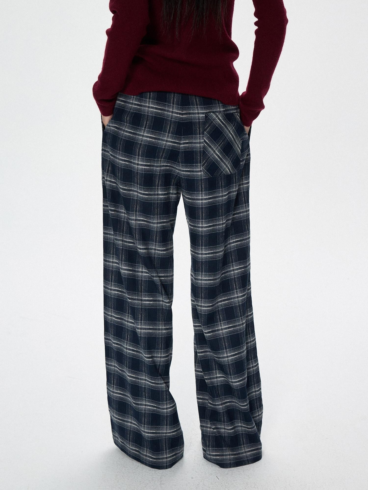 SereneEase Plaid Brushed Textured Straight Cut Women's Polyester Wide-leg Pants