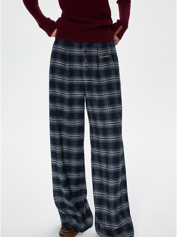 SereneEase Plaid Brushed Textured Straight Cut Women's Polyester Wide-leg Pants