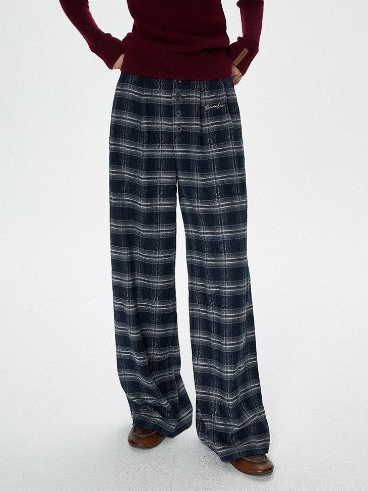 SereneEase Plaid Brushed Textured Straight Cut Women's Polyester Wide-leg Pants