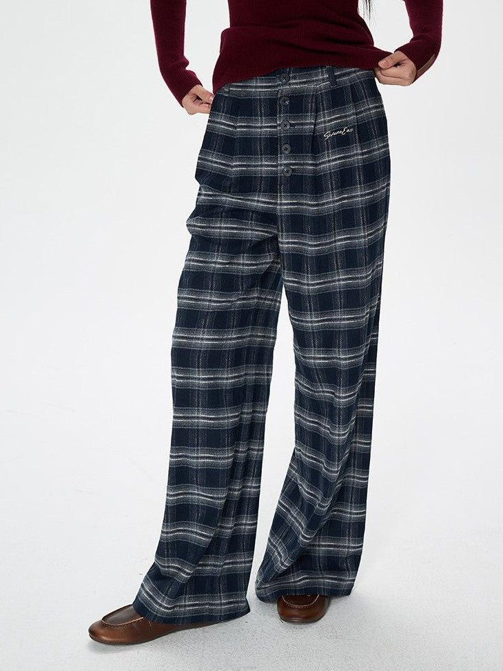 SereneEase Plaid Brushed Textured Straight Cut Women's Polyester Wide-leg Pants