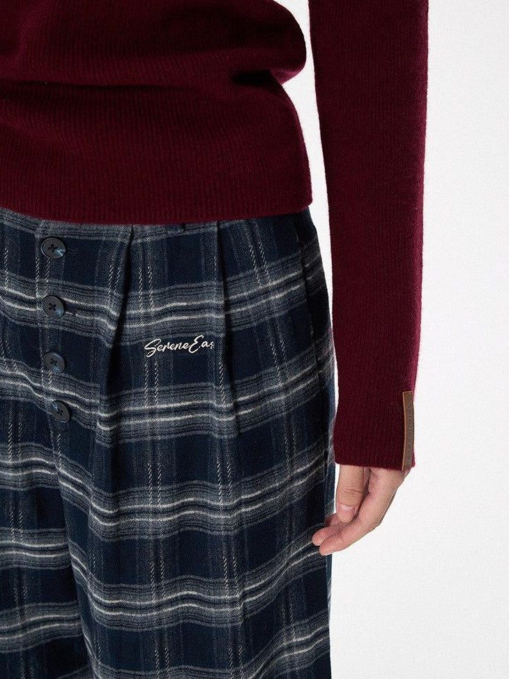 SereneEase Plaid Brushed Textured Straight Cut Women's Polyester Wide-leg Pants