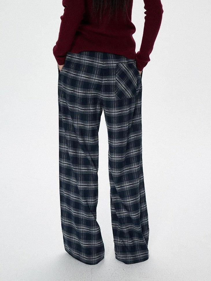 SereneEase Plaid Brushed Textured Straight Cut Women's Polyester Wide-leg Pants