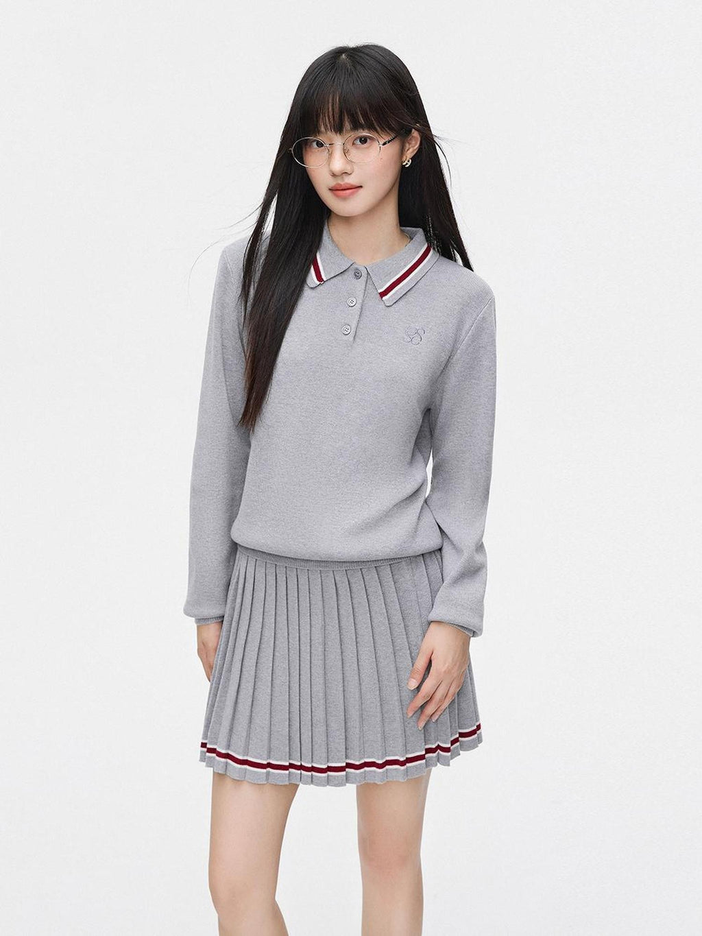 SereneEase Preppy Polo Collar Cropped Slimming Pleated Women's Knit Matching Skirt Sets