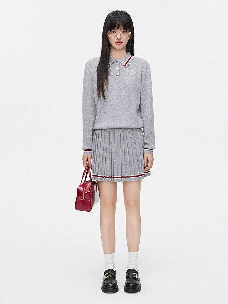 SereneEase Preppy Polo Collar Cropped Slimming Pleated Women's Knit Matching Skirt Sets