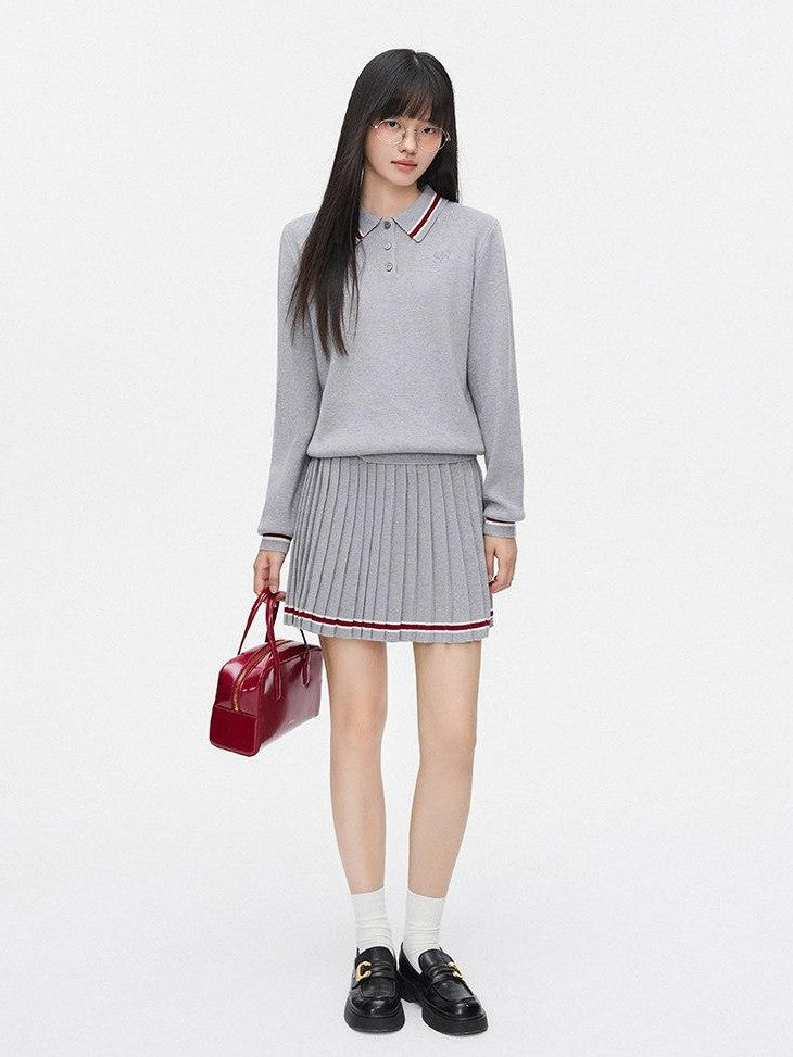 SereneEase Preppy Polo Collar Cropped Slimming Pleated Women's Knit Matching Skirt Sets