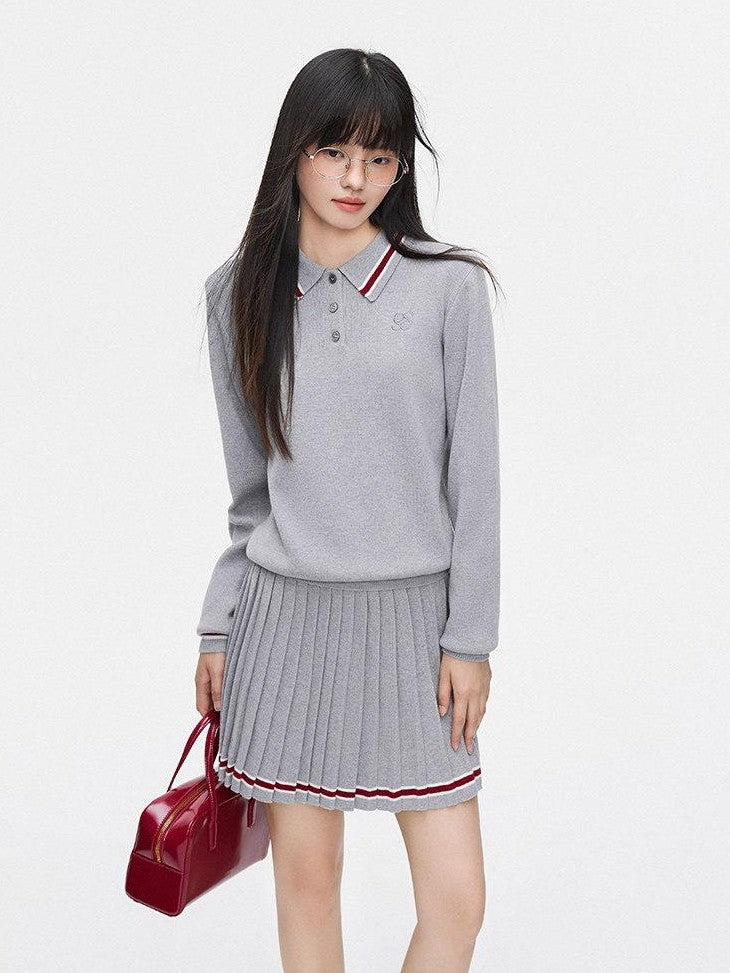 SereneEase Preppy Polo Collar Cropped Slimming Pleated Women's Knit Matching Skirt Sets